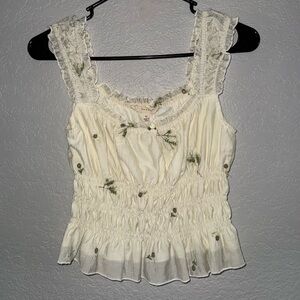 NWOT Cream Floral Ruffled Smocked Tank Top